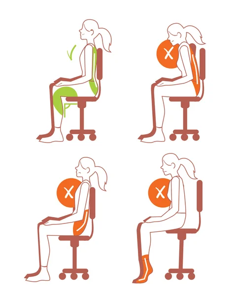Posiciones sentadas, postura correcta de la columna vertebral — Archivo Imágenes Vectoriales