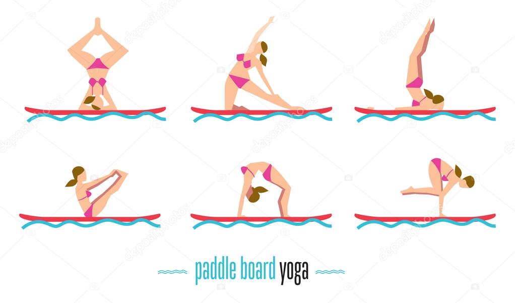 Paddle board yoga set, vector illustration