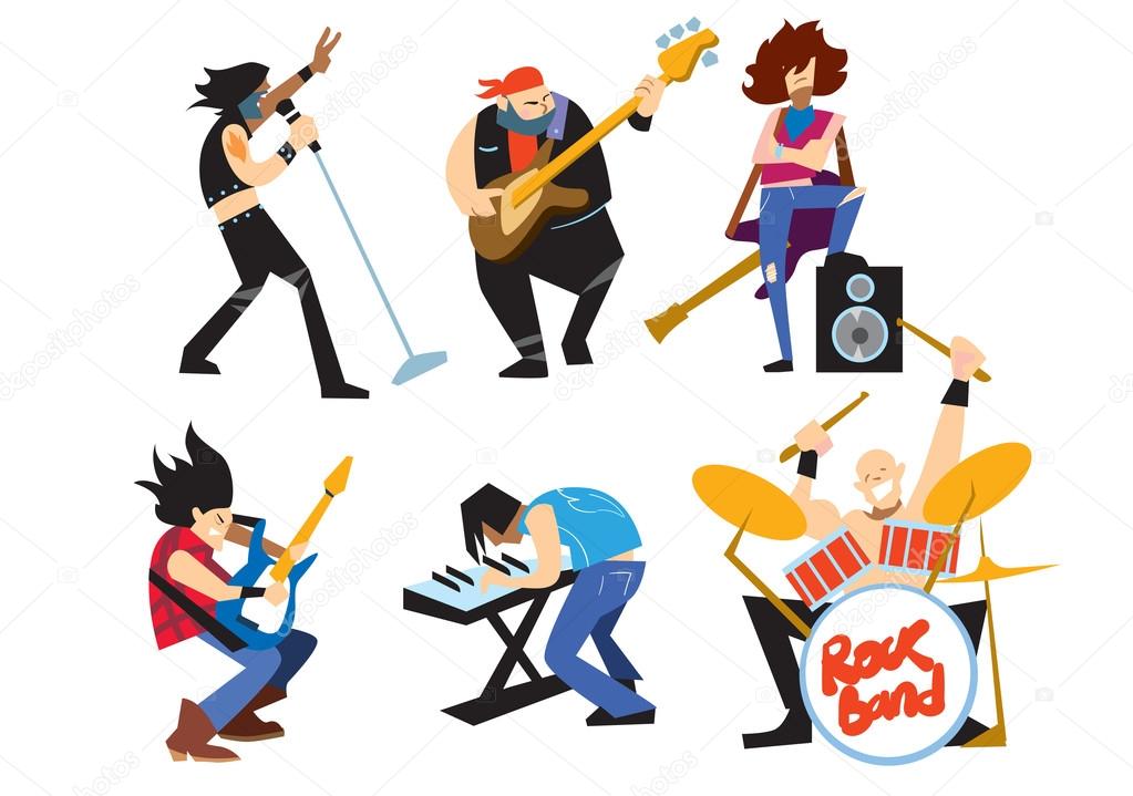 Musicians rock group isolated on white background.