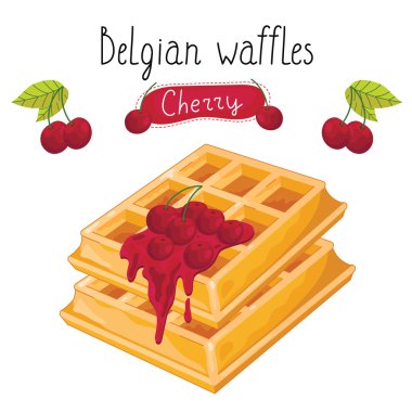 Belgian waffles with jam on white background