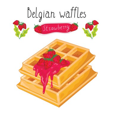 Belgian waffles with jam on white background