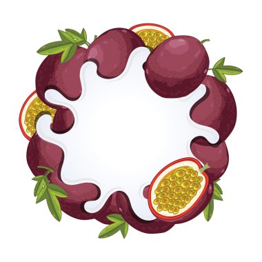 Yogurt splash isolated with passion fruit, vector