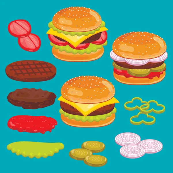 Hambúrguer e ingredientes de cheesburger Conjunto, vector . — Vetor de Stock