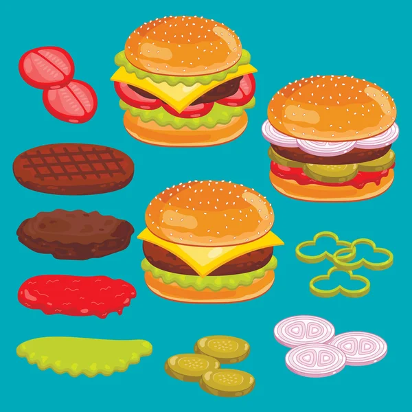 Hamburguesa y queso ingredientes Set, vector . — Vector de stock