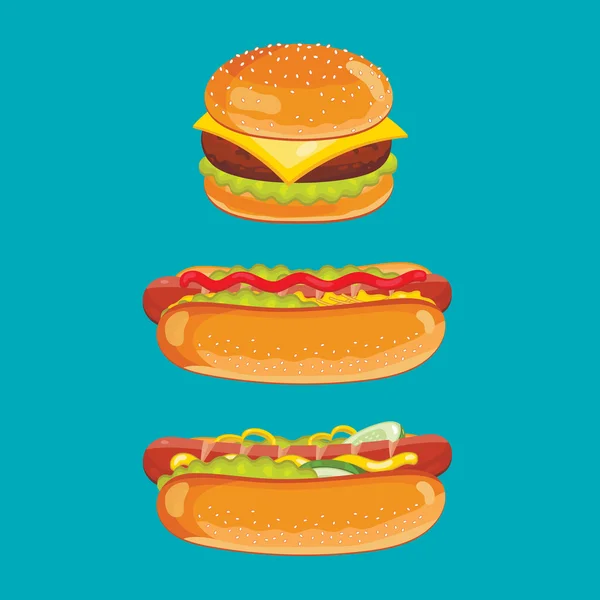 Hamburguesa con queso y perro caliente vector aislado — Vector de stock