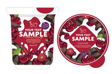 Vişneli yoğurt ambalaj tasarım şablonu.
