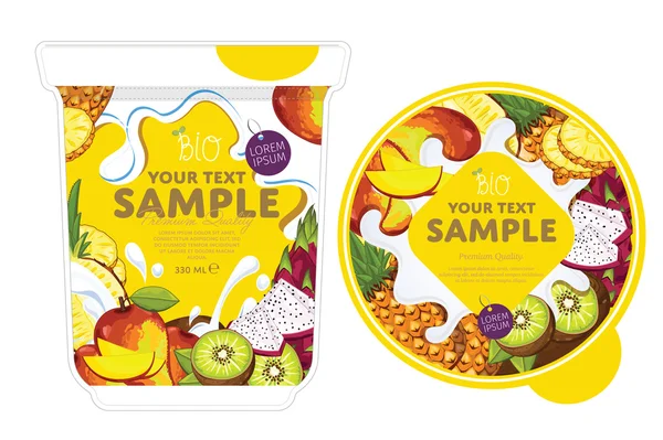 Design-Vorlage für Verpackungen mit tropischen Früchten Joghurt. — Stockvektor