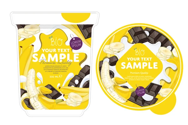 Banán Csokoládéjoghurt csomagolás design Template. — Stock Vector