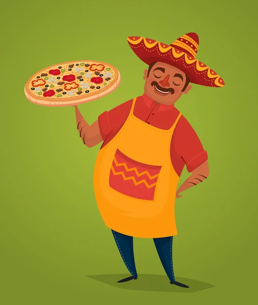 Mexikói séf pizzával, vektoros rajzfilmfigura — Stock Vector