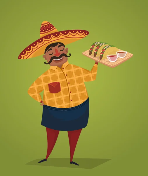 Chef mexicano con tacos, personaje de dibujos animados vectoriales — Archivo Imágenes Vectoriales