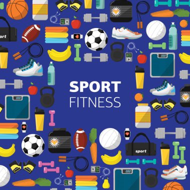 Spor ekipmanları arka plan, vektör düz simgesi