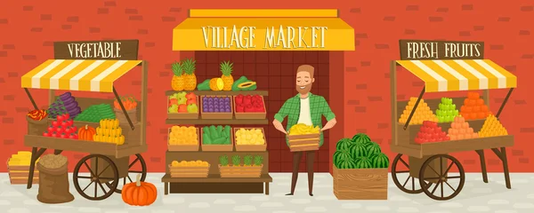 Mercado de agricultores. Campesino local comerciante . — Vector de stock