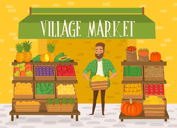 Farmers market. Local farmer shopkeeper. — Stock Vector