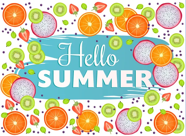 Hola Inscripción de verano sobre fondo de fruta — Archivo Imágenes Vectoriales