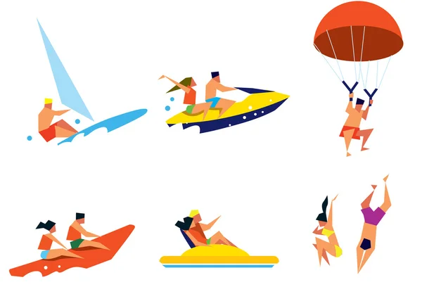 Gente feliz divirtiéndose en actividades de playa — Vector de stock