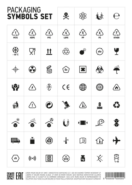 Verpakking symbolen ingesteld pictogram. — Stockvector