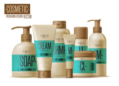 Kozmetik markası şablonu. Gerçekçi şişe seti.