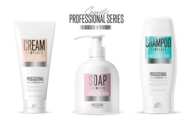 Kozmetik markası şablonu. Gerçekçi şişe seti.