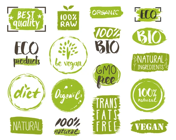 Organik gıda etiketleri, öğeleri ve logosu — Stok Vektör