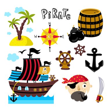 Beyaz arka plan üzerinde izole komik korsan öğeleri