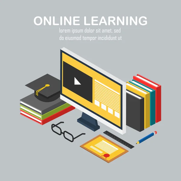 Illustrazione lineare vettoriale isometrica dell'e-learning — Vettoriale Stock