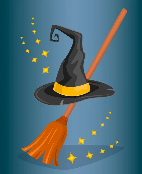 帽向导和女巫的扫帚。卡通风格. — 图库矢量图片