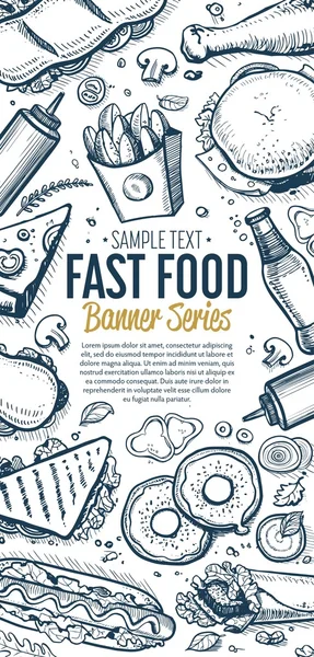 Comida rápida garabatos menú de banner vertical — Vector de stock