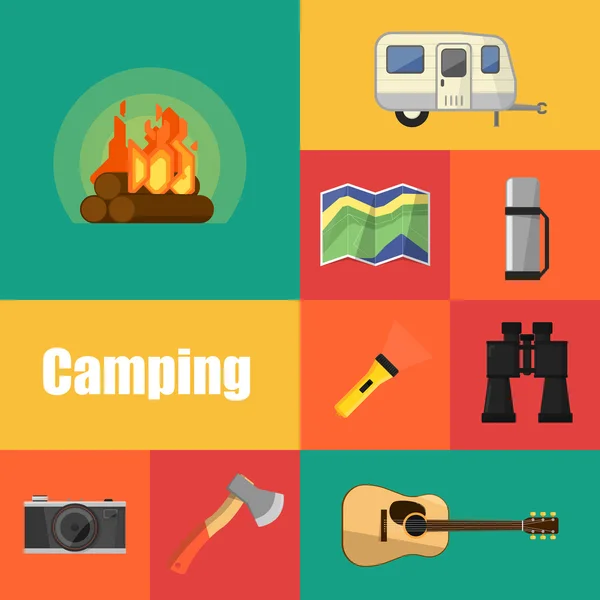 Symbole und Symbole für die Campingausrüstung — Stockvektor