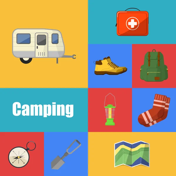 Symbole und Symbole für die Campingausrüstung — Stockvektor