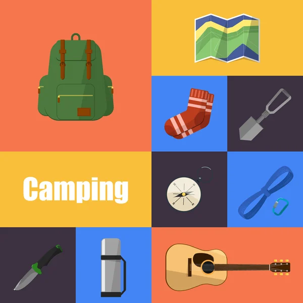 Symbole und Symbole für die Campingausrüstung — Stockvektor