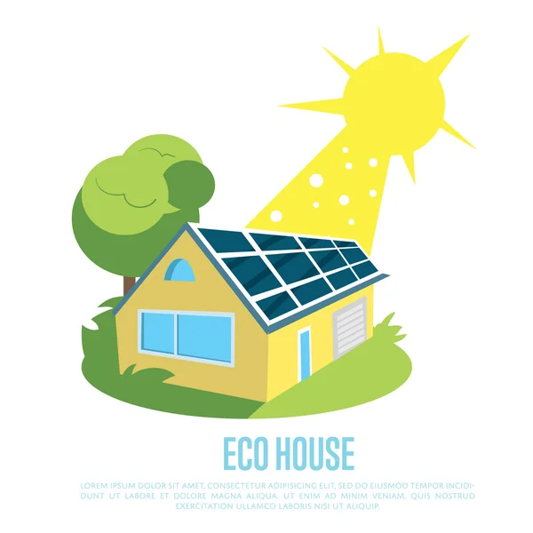 Casa Eco com painéis solares azuis no telhado . —  Vetores de Stock