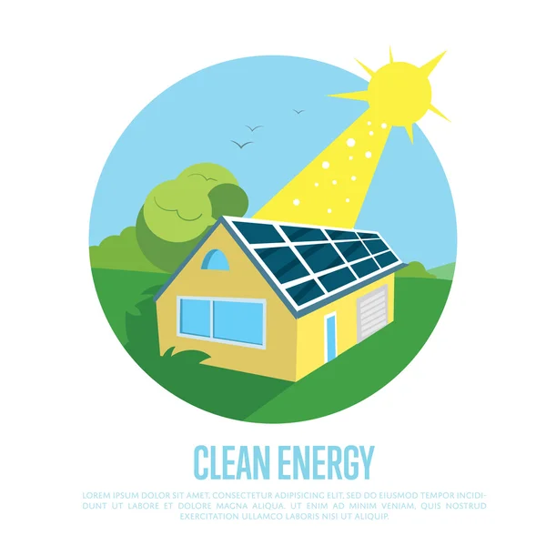 Eco casa con paneles solares azules en el techo . — Vector de stock