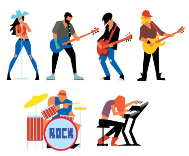 Beyaz arka plan üzerinde izole müzisyenler rock grubu.