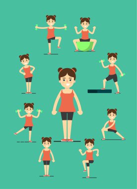 Fitness kız egzersiz yapıyor, illüstrasyon seti