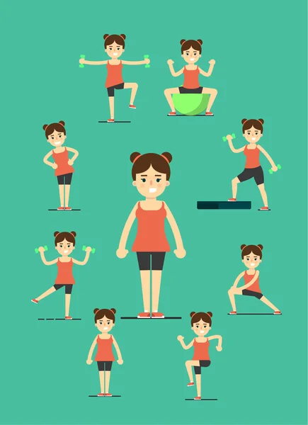 Fitness dziewczyna robi ćwiczenia, zestaw ilustracji — Wektor stockowy