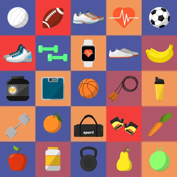 Athletic equipment and nutrition icons set