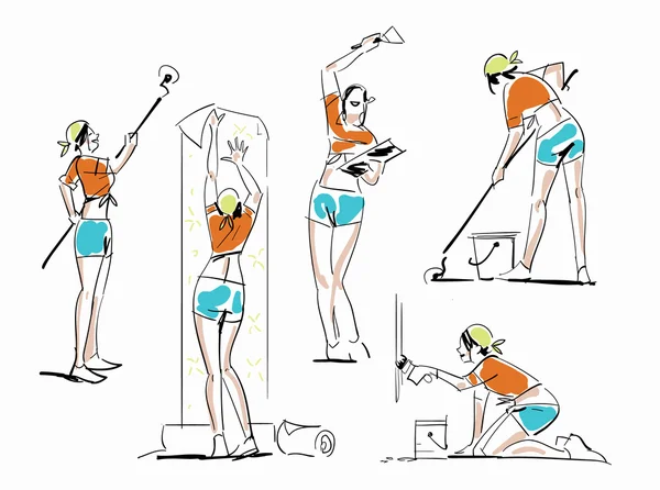 Girl doing repairs. Wallpapering, painting walls. — Stock Illustration Girl doing repairs. Wallpapering, painting walls. Royalty Free Stock Illustrations