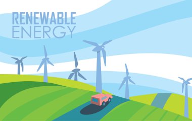 Yenilenebilir enerji afişi. Rüzgar enerjisi üretimi