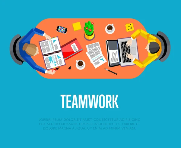 Concepto de trabajo en equipo. Vista superior del fondo del espacio de trabajo — Vector de stock