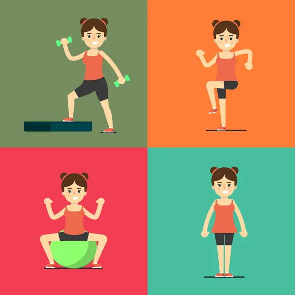 Chica de fitness haciendo ejercicio, conjunto de ilustración — Vector de stock