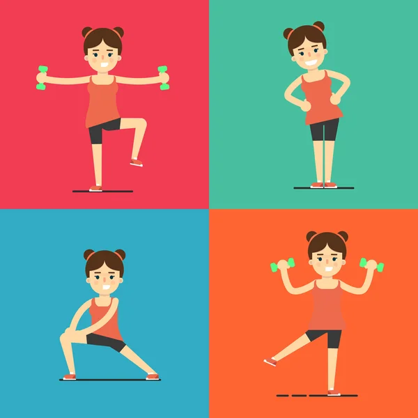 Fitness menina fazendo exercício, conjunto de ilustrações —  Vetores de Stock