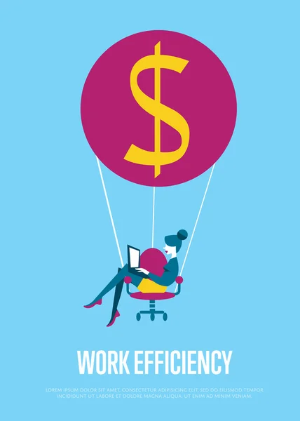 Work efficiency banner. Woman with laptop flying — 스톡 벡터