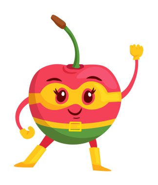 Komik süper kahraman beyazda izole edilmiş kirazı insanlaştırdı.