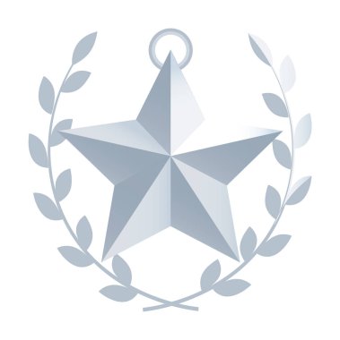 Beyaz üzerinde defne çelengi olan gümüş yıldız madalyonu.