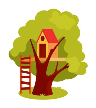 Beyaz arka planda merdiveni olan gizli ağaç evi.