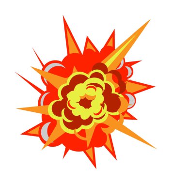 Güçlü bir patlama animasyonu. Bomba patlaması, dinamit patlaması ya da beyaz arka planda izole edilmiş yıldırım patlaması. Bang etkisi vektör illüstrasyonu