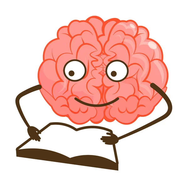 Inteligente Cerebro Emoticono Lectura Libro Estudio Aislado Blanco — Vector de stock