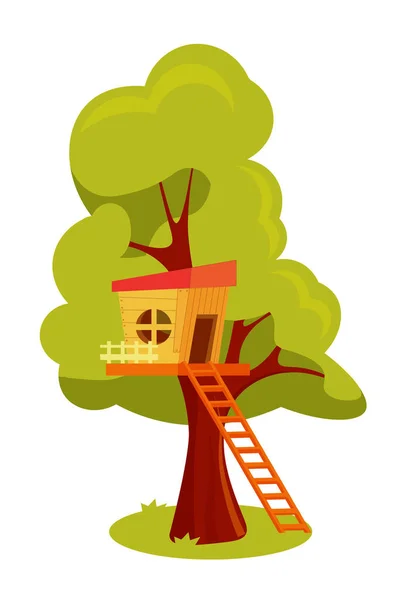 Casa Del Árbol Con Escalera Valla Aislada Sobre Fondo Blanco — Vector de stock