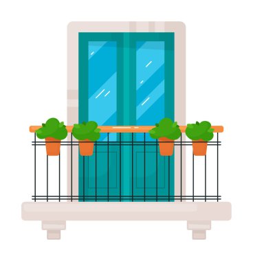 İzole edilmiş sahte balkon, çiçek kabı, plastik pencere.