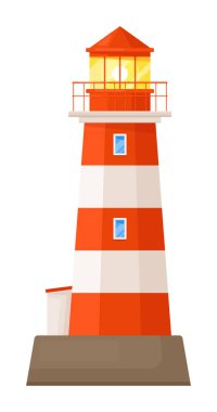 Düz çizgili deniz feneri kulesi beyaz arka planda izole edildi